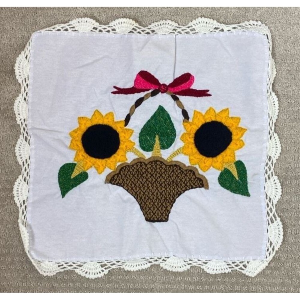 Vintage Handmade Embroidered Sunflower Basket Table Topper with Lace Trim 16x16